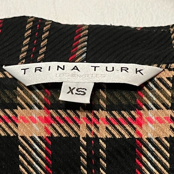 Trina Turk mock neck plaid blouse size XS 3/4 sleeve preppy dark academia fall - Picture 8 of 9